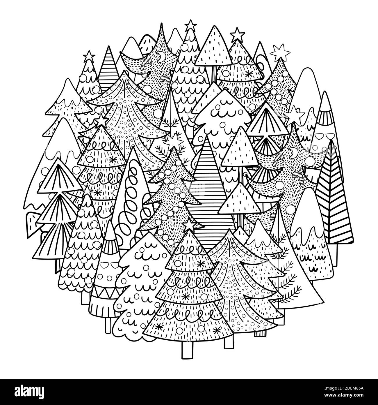 Christmas trees circle shape pattern for coloring book. Black and white print Stock Vector Image