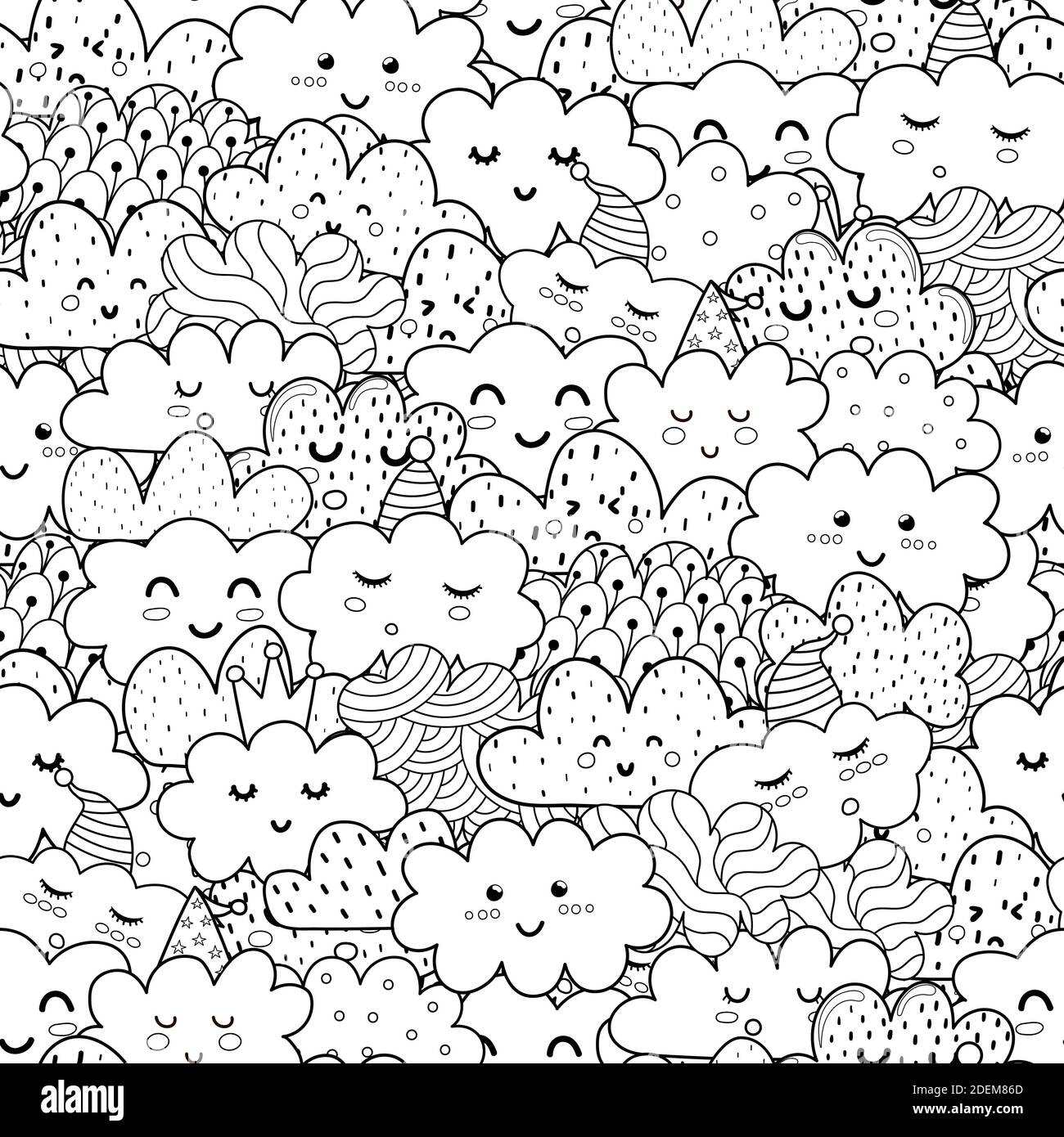 Doodle clouds black and white seamless pattern. Funny coloring page Stock Vector