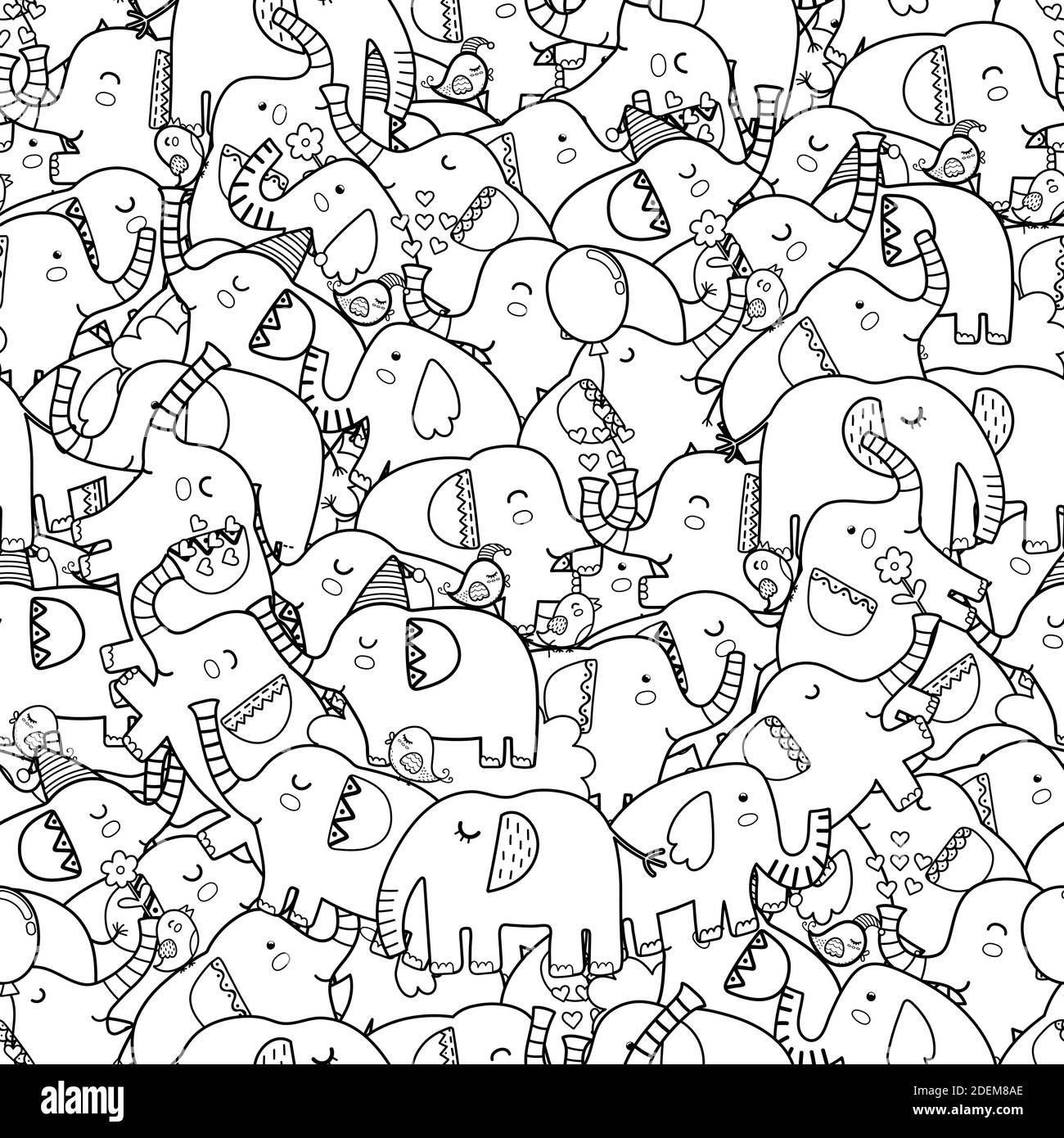 Cute elephants black and white seamless pattern. Coloring page Stock Vector