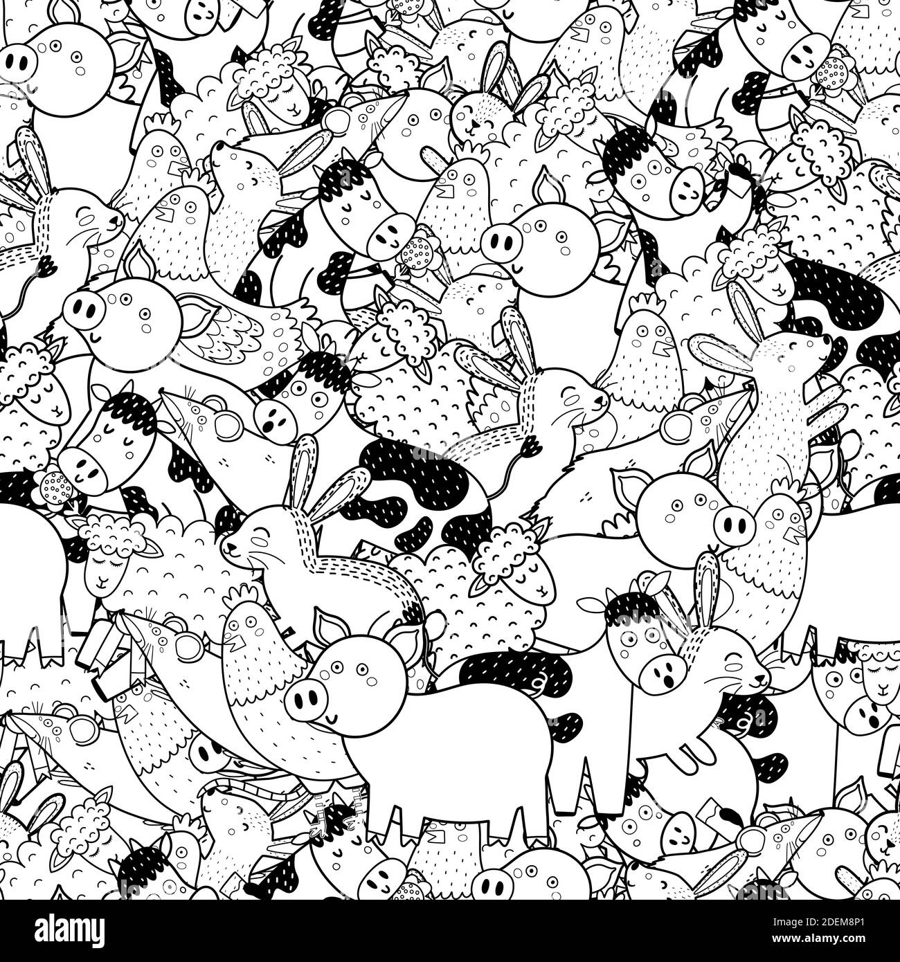 Cute farm animals black and white seamless pattern. Coloring page with ...