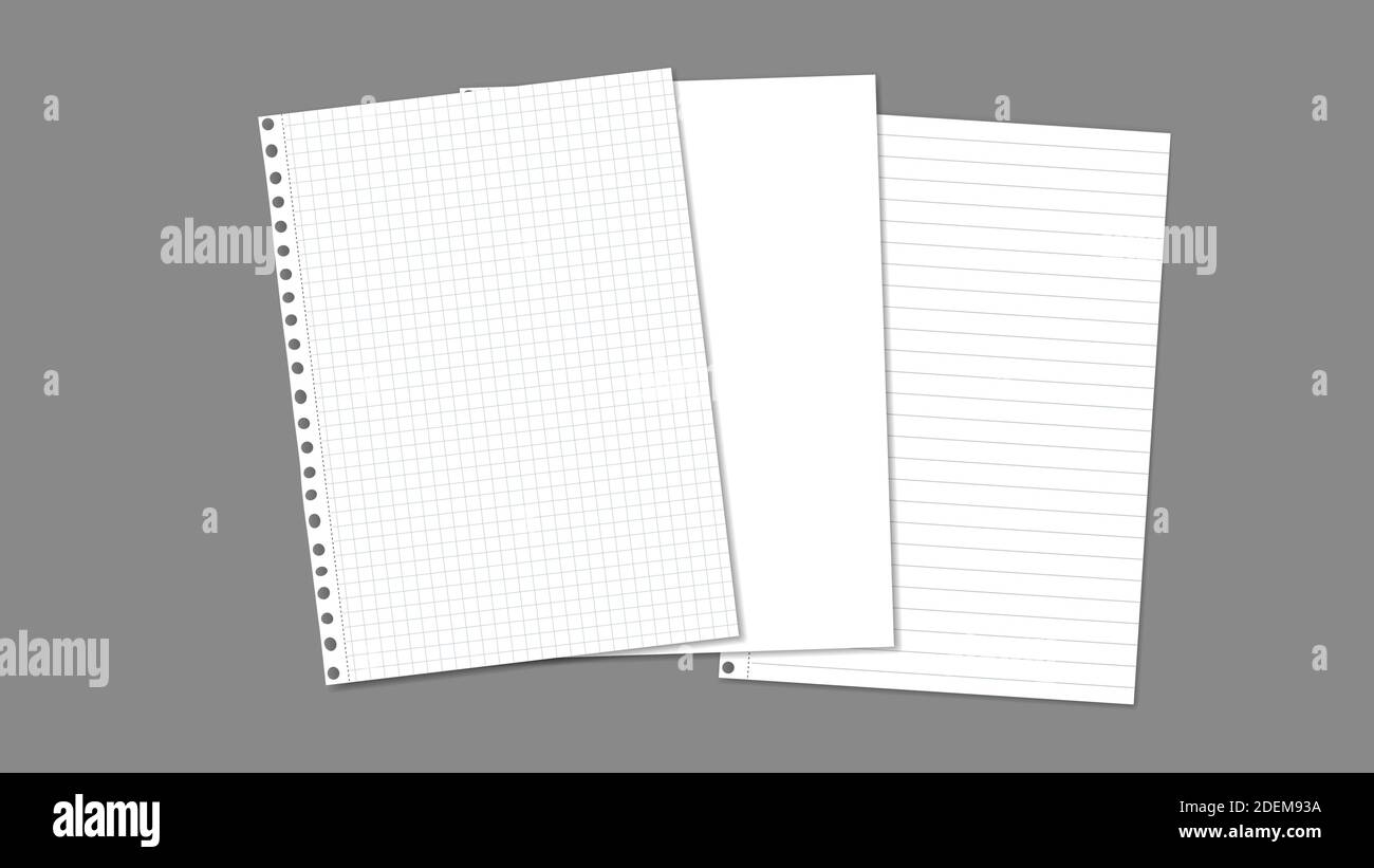 Stack of white blank, lined, math note, notebook paper are on dark grey ...