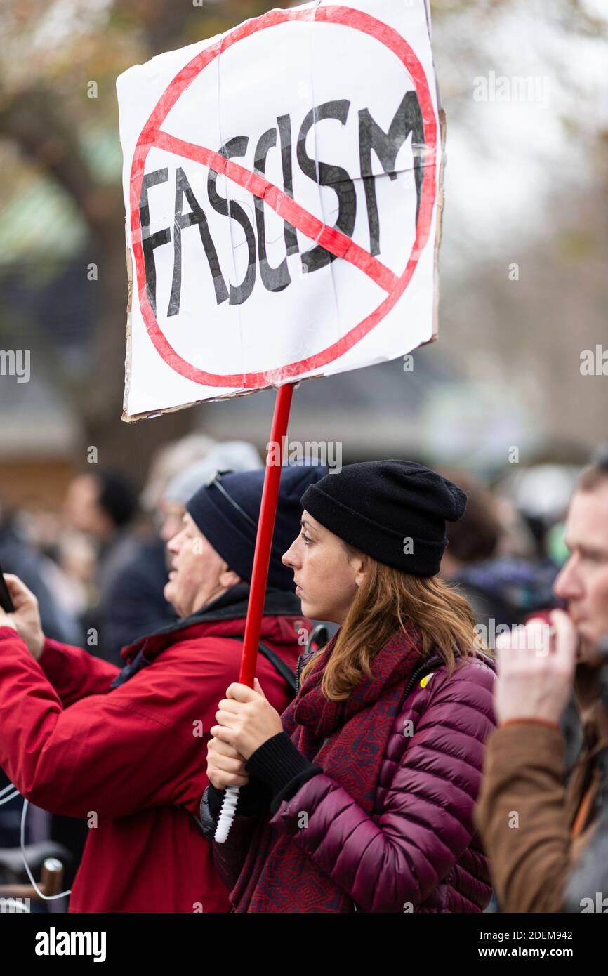 Anti-lockdown protest, London, 28 November 2020. A protester holding an anti-fascism placard in Hyde Park. Stock Photo