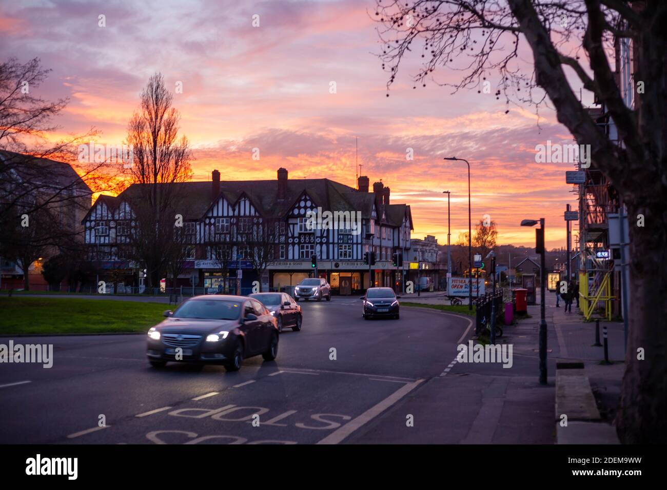 View of Road Traffic at Pitsea High Road, Essex, Britain at sunset. Stock Photo