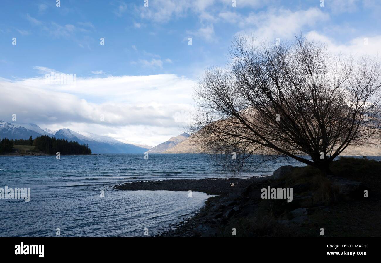 View of Lake Wakatipu from Queenstown Gardens, Queenstown, South Island, New Zealand Stock Photo