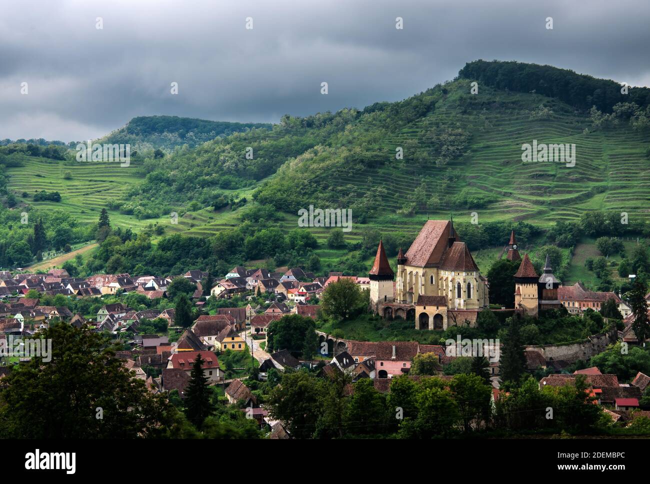 Fortified Church of Biertan, Panoramic Summer view of Fortified Church of Biertan, Medieval Church, Medieval Architecture Stock Photo