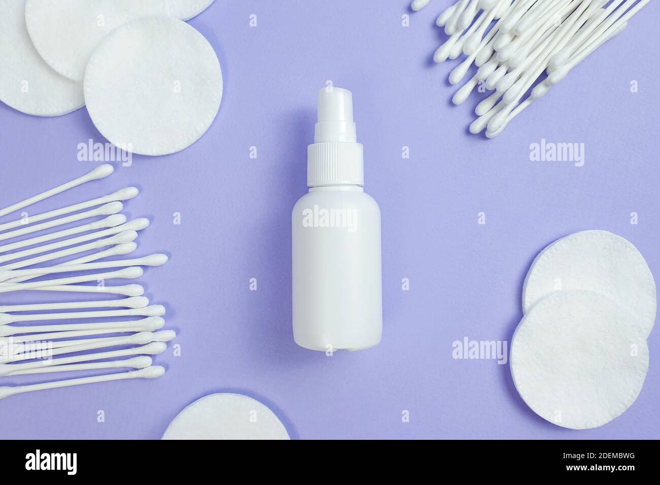 Download Top View And Close Up Of White Plastic Spray Bottle Mock Up Cotton Pads And Paper Cotton Sticks On Purple Background Top View Flatlay Lifestyle C Stock Photo Alamy