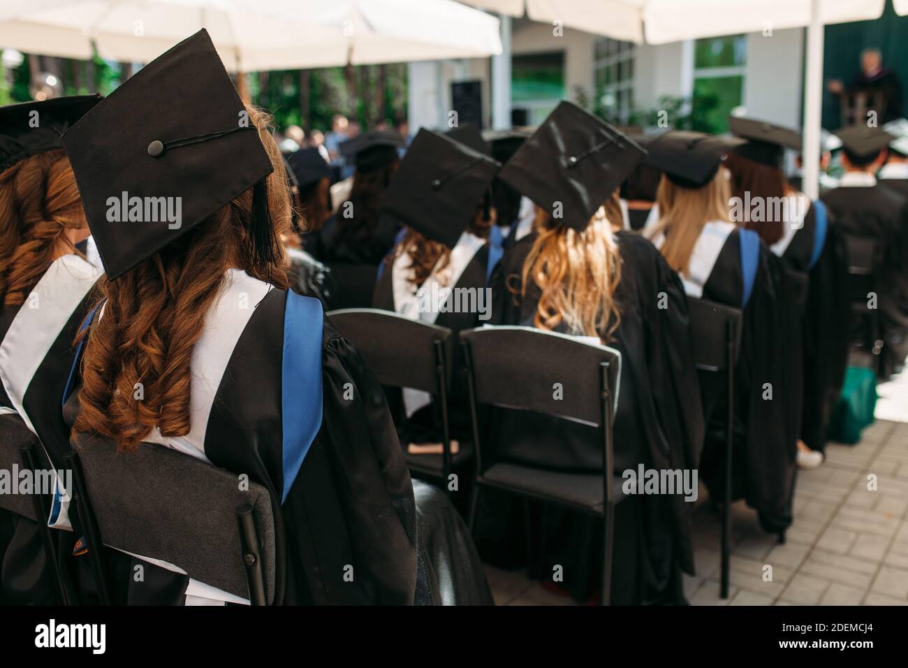 Successful graduates in academic dresses, at graduation, sitting in the ...