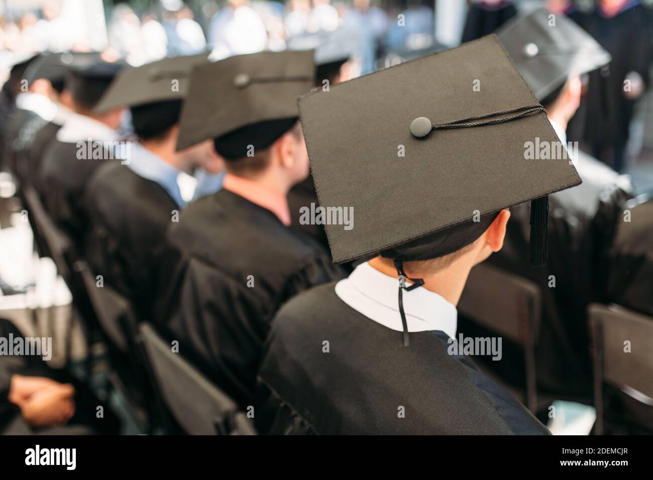 Successful graduates in academic dresses, at graduation, sitting in the ...