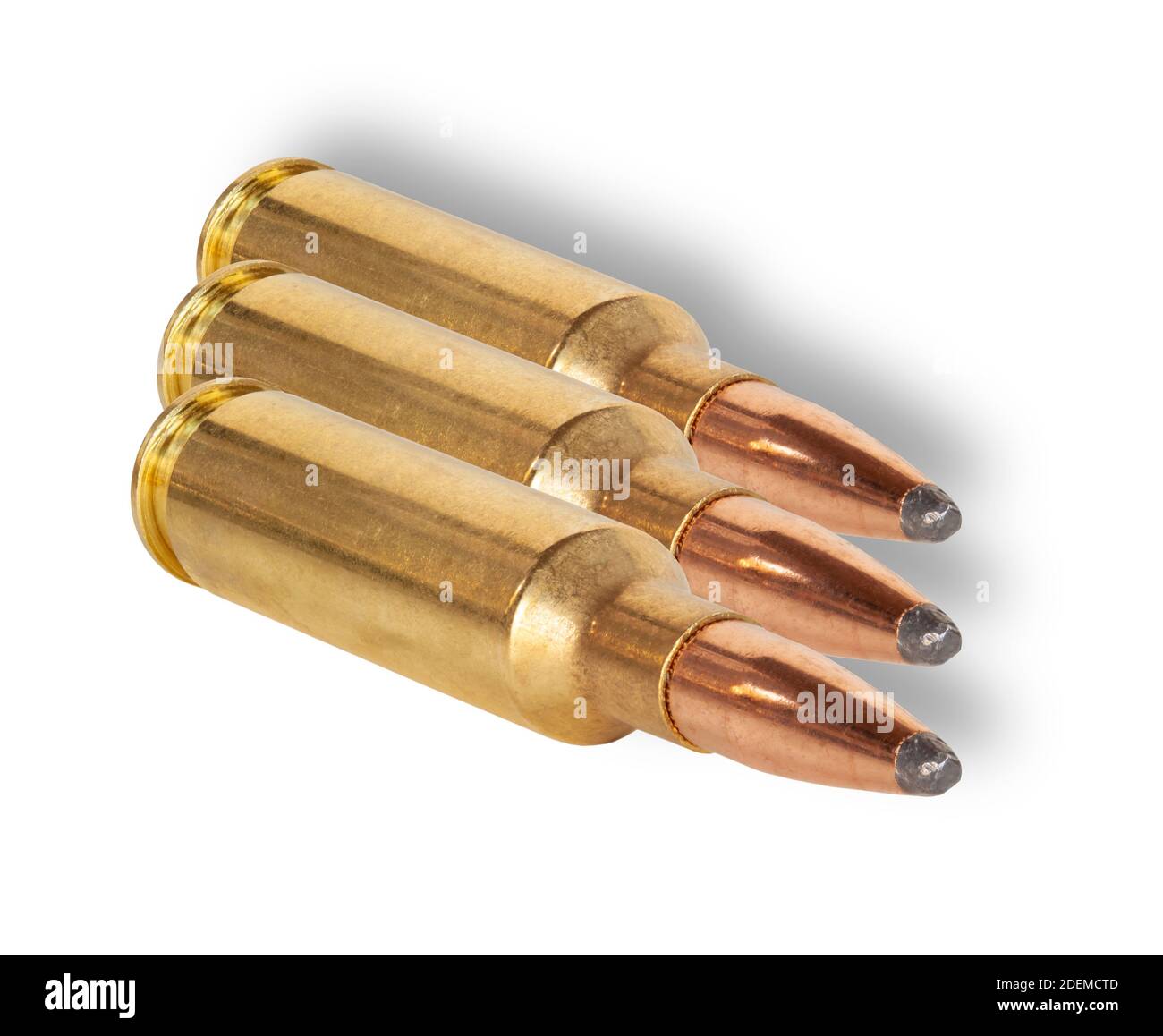 Three cartridges with copper plated bullets on white with drop shadows