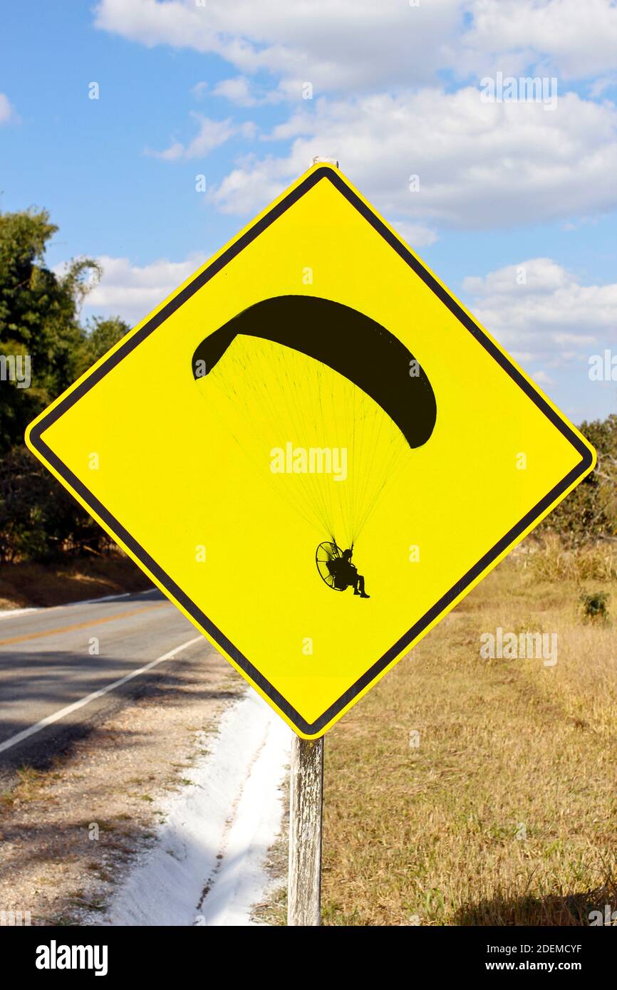 yellow traffic sign indicating extreme air sport area Stock Photo