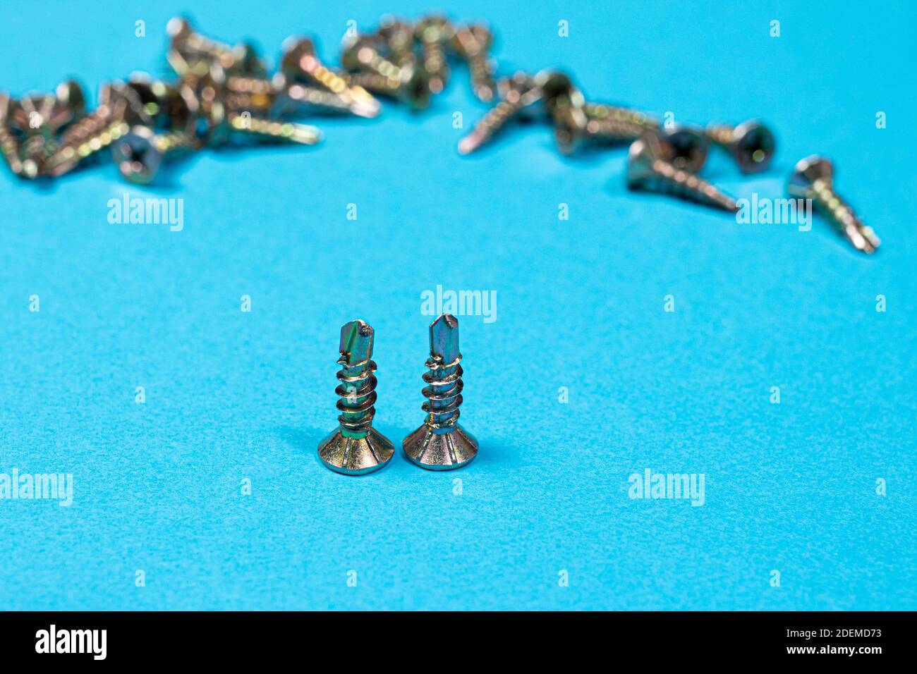 Self-cutters on a bright blue background. Furniture and parts for repair and construction. Self-tapping scew. Stock Photo