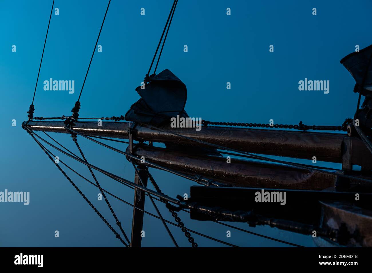 Bowsprit on a schooner tall ship in the morning fog. High quality photo Stock Photo