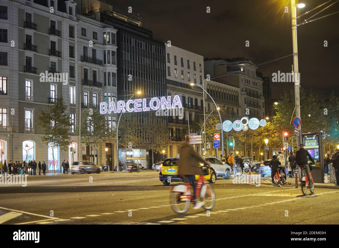 BARCELONA, CATALONIA, SPAIN - NOVEMBER 28, 2020: Gran Via de Les Corts Catalana with big sign of Barcelona, Christmas lights decoration at night Stock Photo
