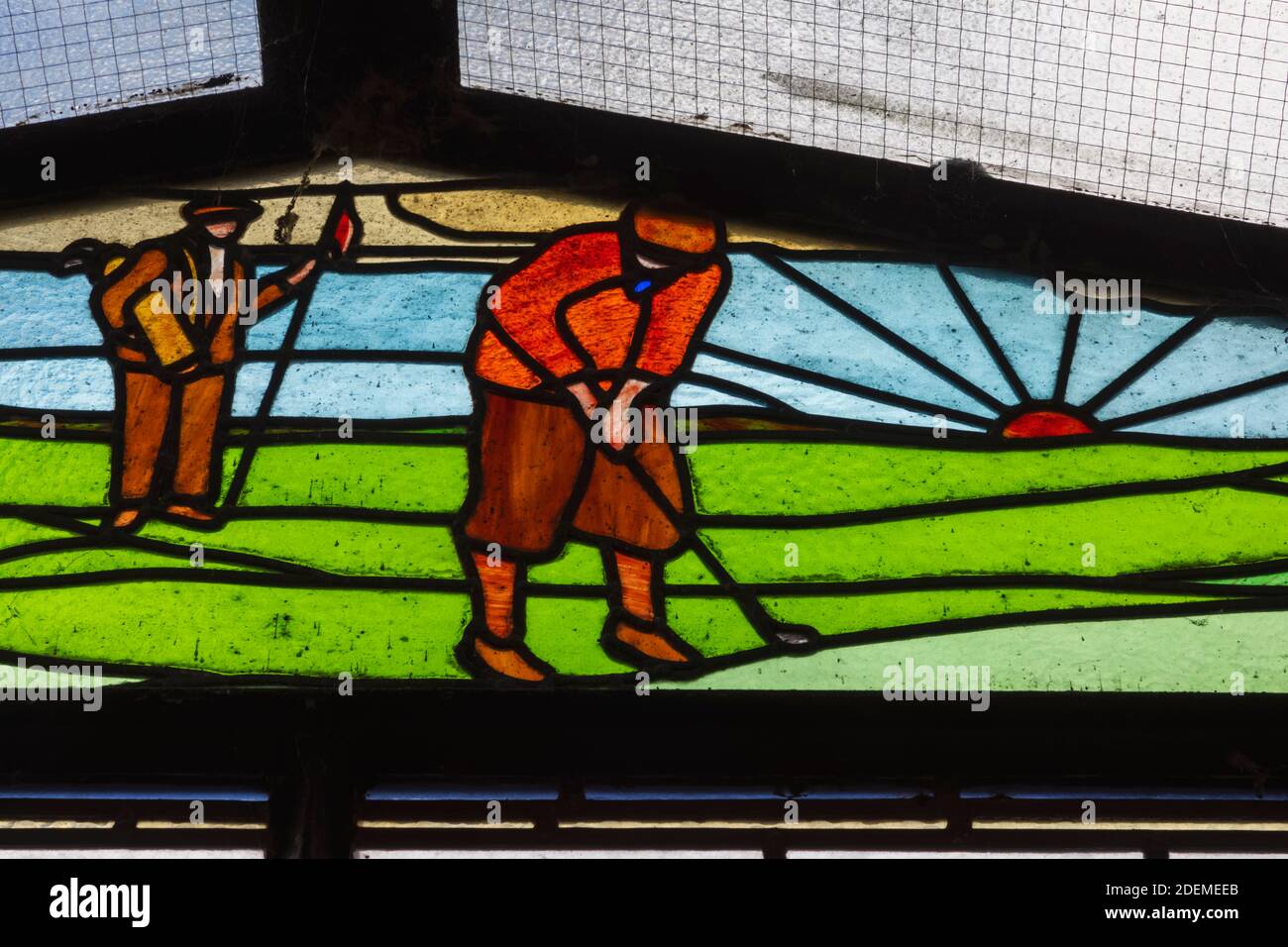 England, Kent, Sandwich, The Bell Hotel, Stained Glass Window depicting Golfers Stock Photo