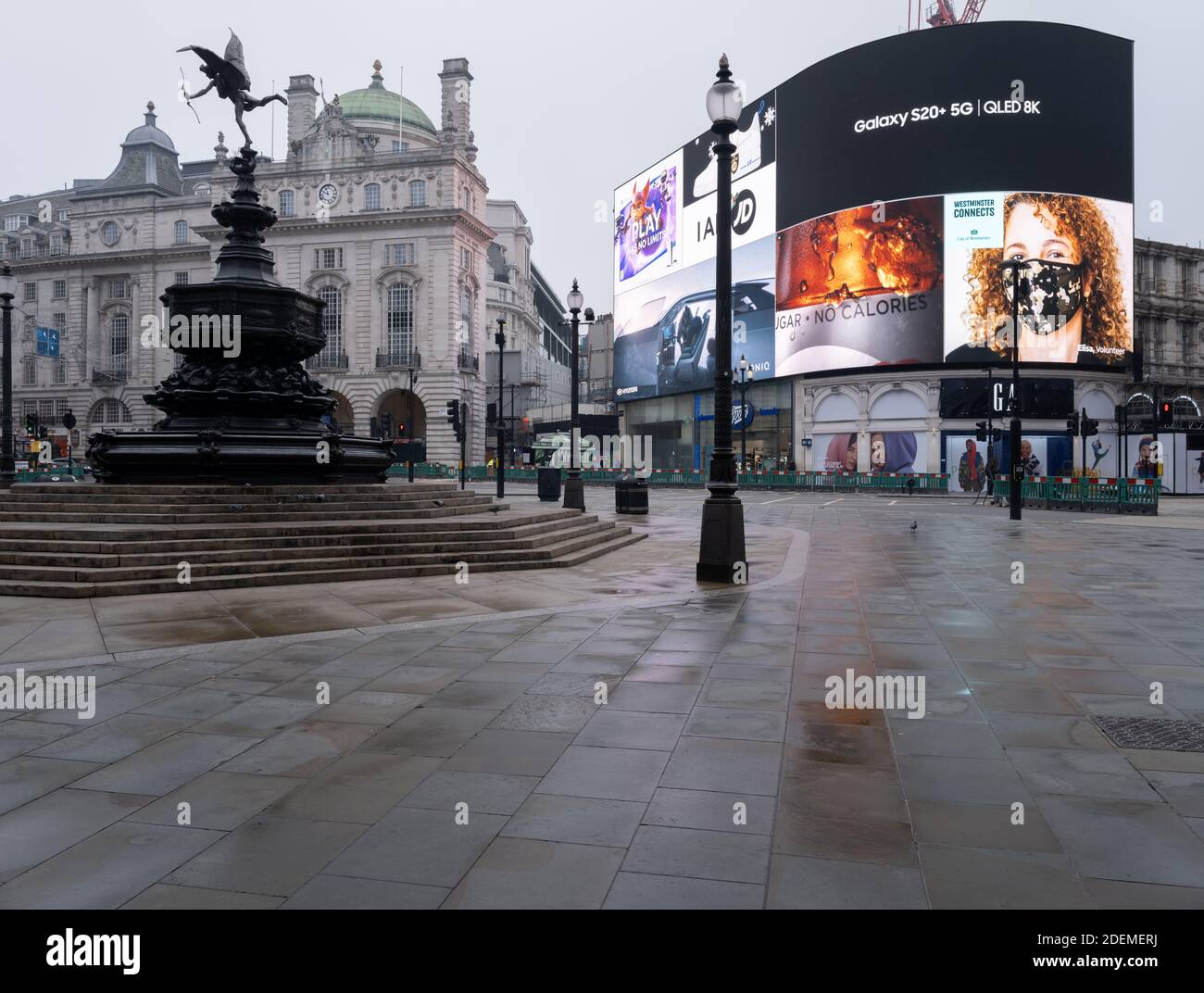 Empty and deserted Piccadilly Circus, London during the second nationwide lockdown in England. Stock Photo