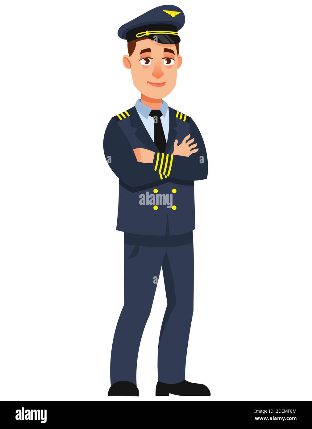 Airplane pilot with his arms crossed. Male character in cartoon style. Stock Vector