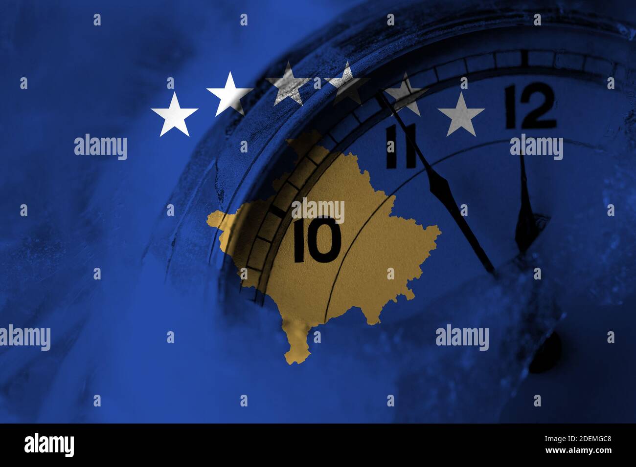 Kosovo, Kosovar flag with clock close to midnight in the background
