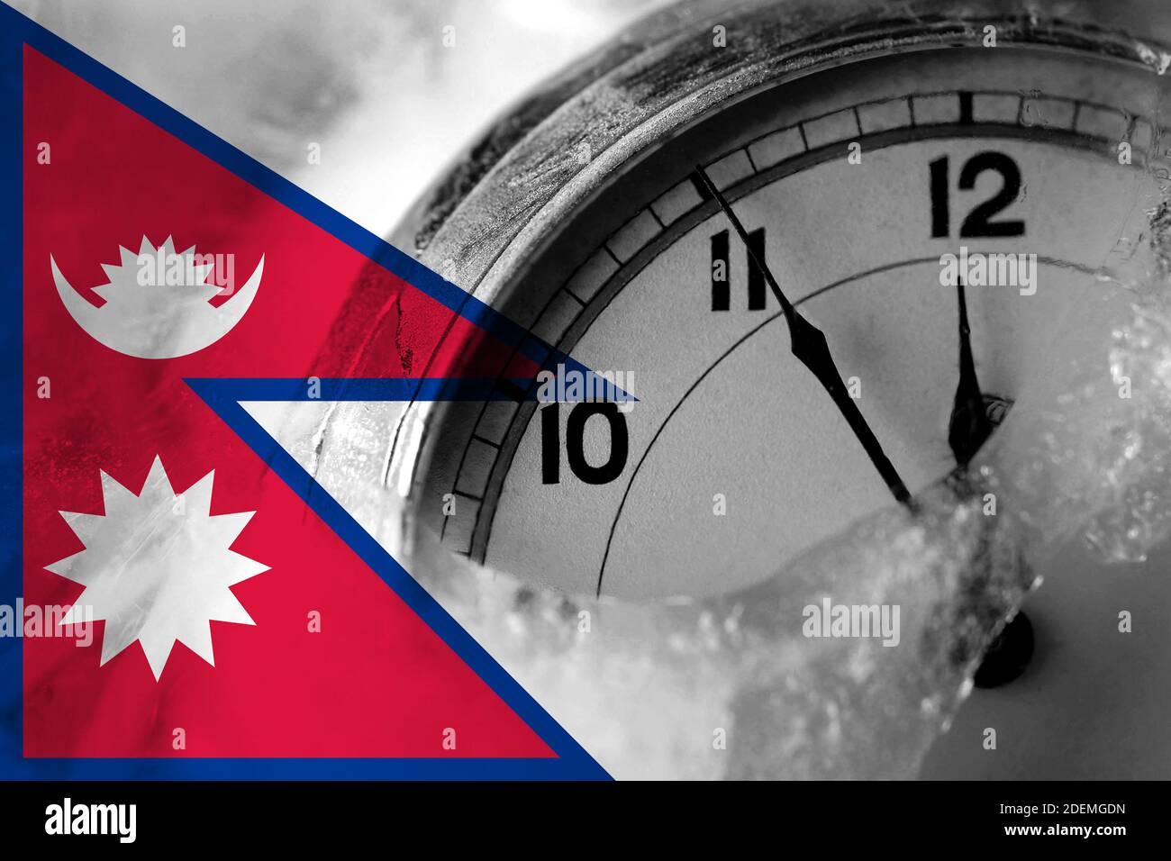 Nepal, Nepali, Nepalese flag with clock close to midnight in the