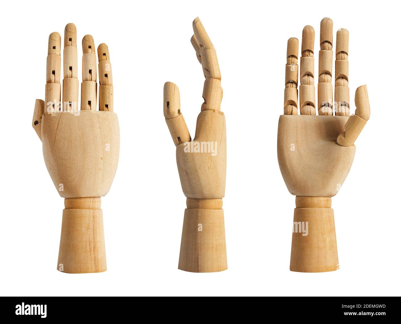 Isolated photo of a wooden mannequin hand in different angles on white background. Stock Photo