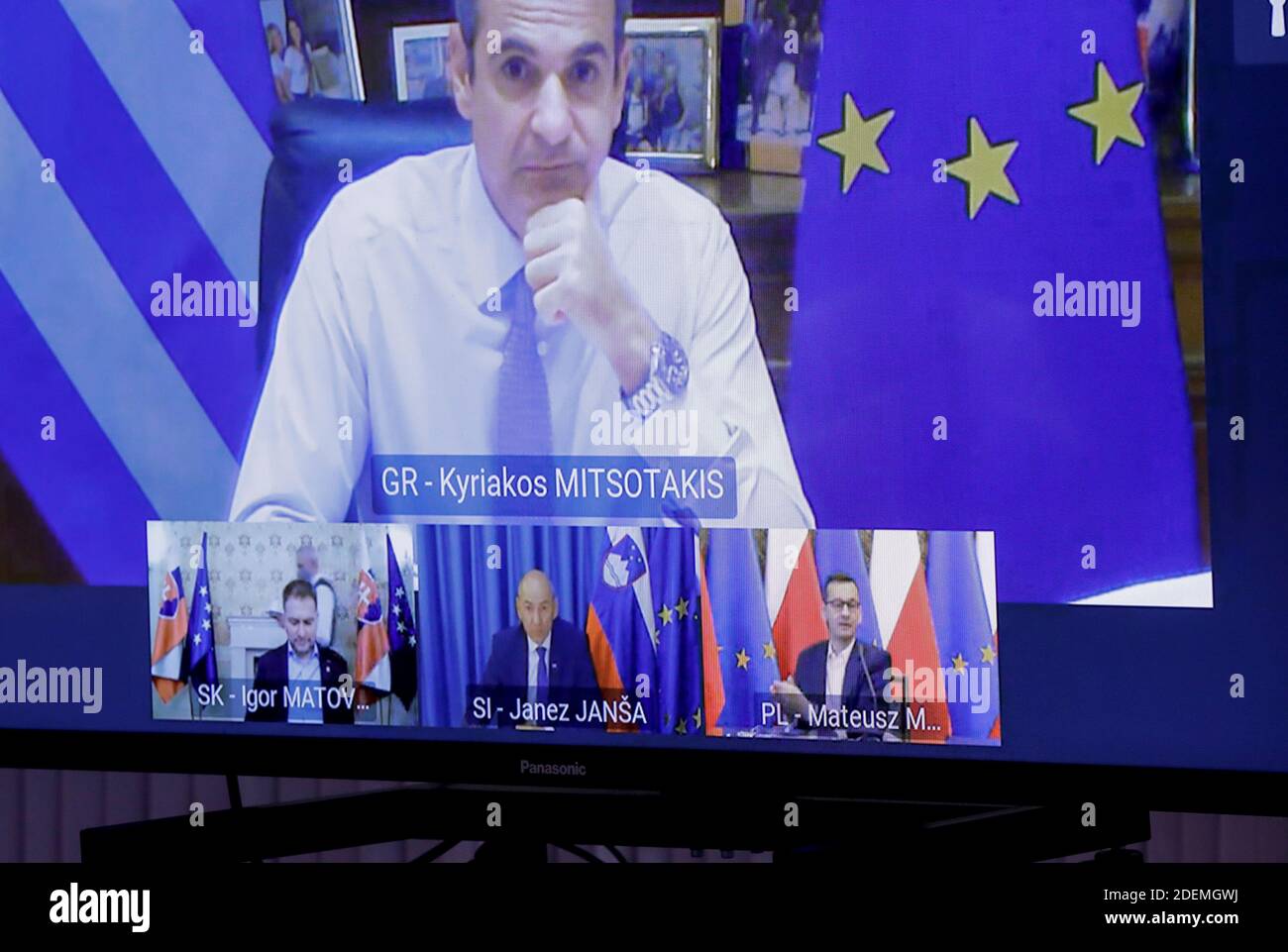 Greece S Prime Minister Kyriakos Mitsotakis Slovakia S Prime Minister Igor Matovic Poland S Prime Minister Mateusz Morawiecki And Slovenian Prime Minister Janez Jansa Attend A Video Meeting With European Council President Charles Michel To