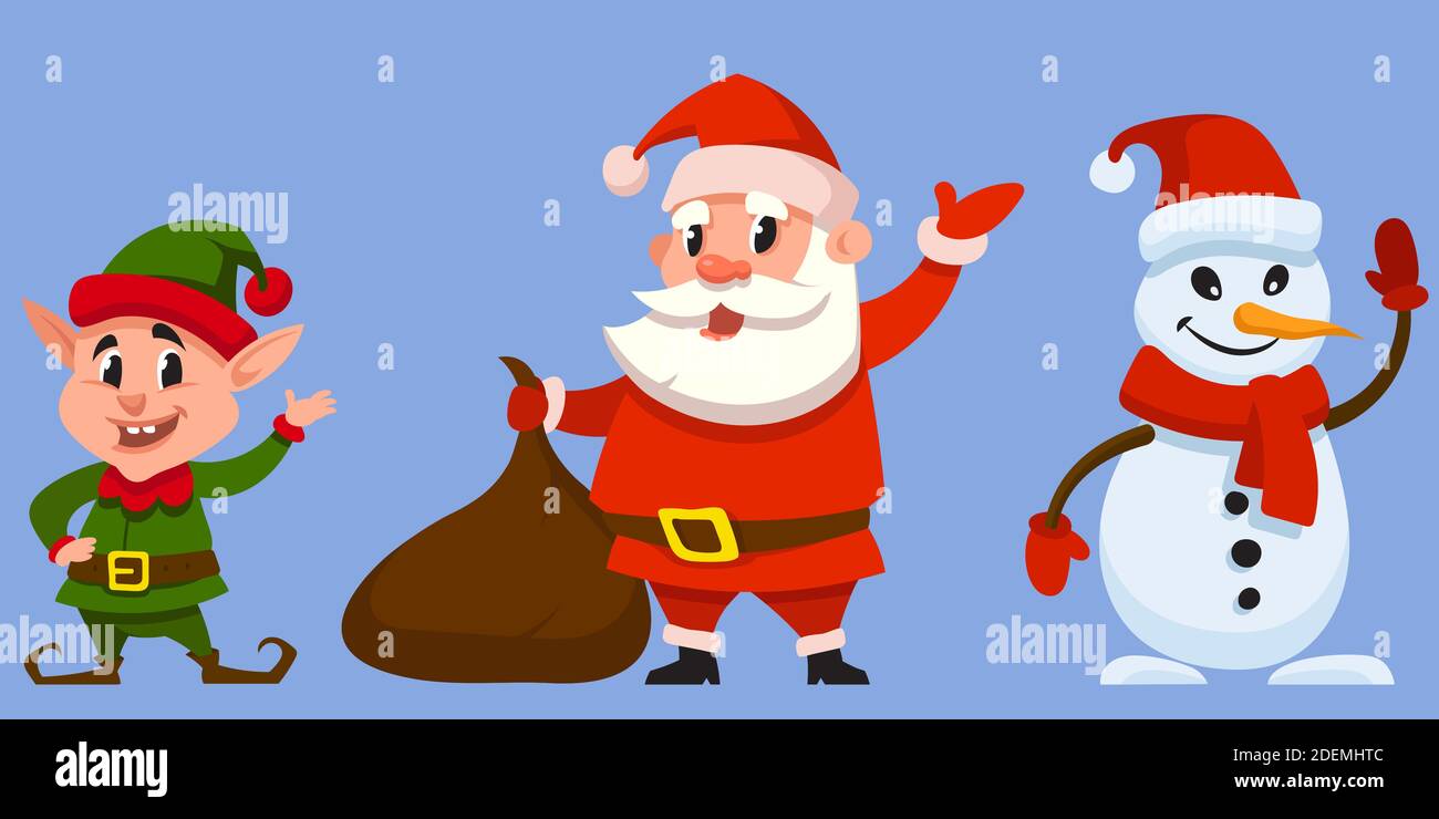 Christmas Characters Waving Hands Santa Claus Elf And Snowman In Cartoon Style Stock Vector 0347