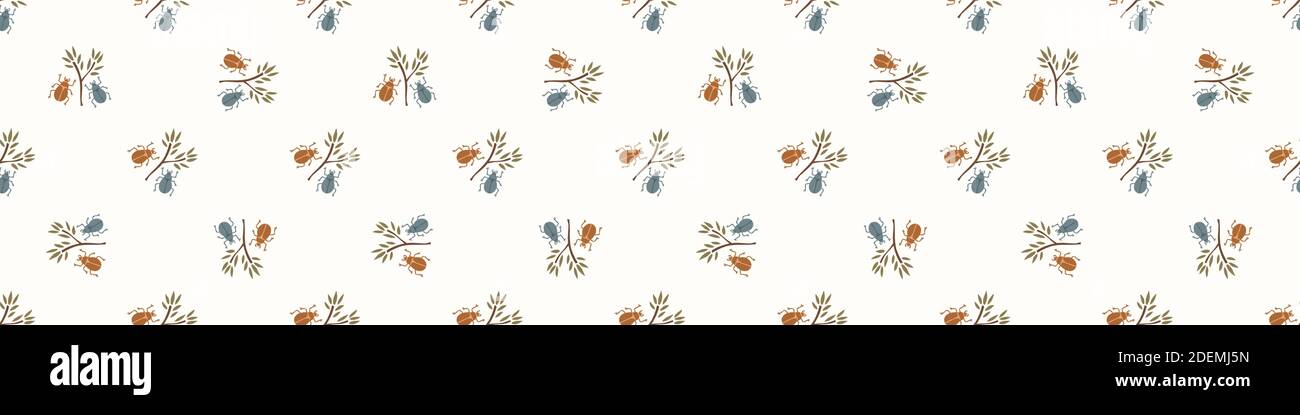 Seamless background beetle insect gender neutral baby border pattern. Simple whimsical minimal earthy 2 tone color. Kids nursery wildlife bug edging Stock Vector