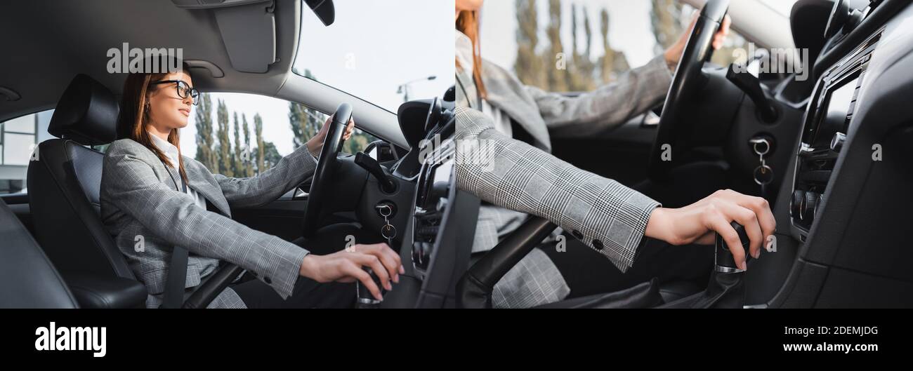 collage of businesswoman shifting transmission lever while driving car