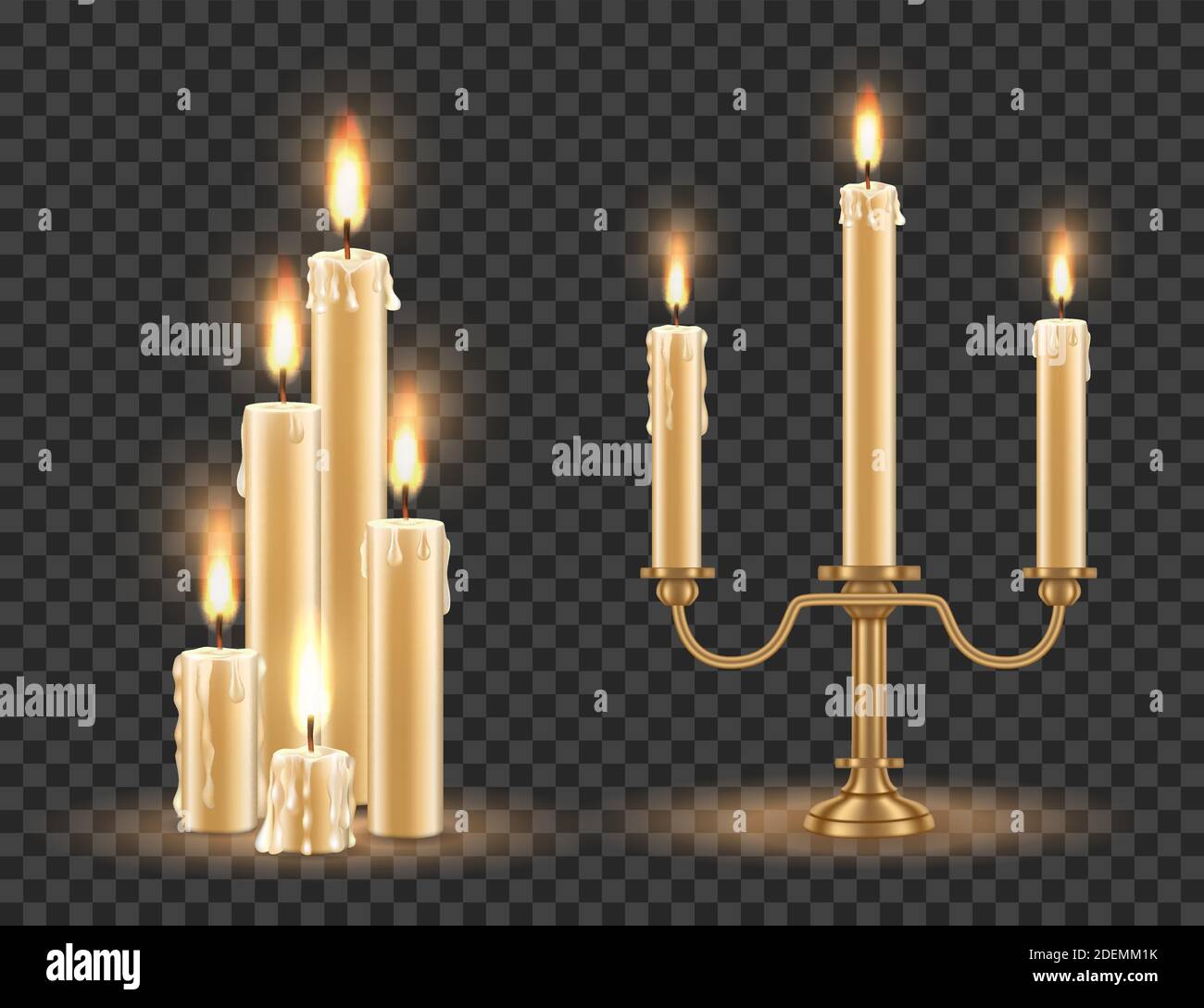 Candlestick and burning candles set, vector illustration isolated on