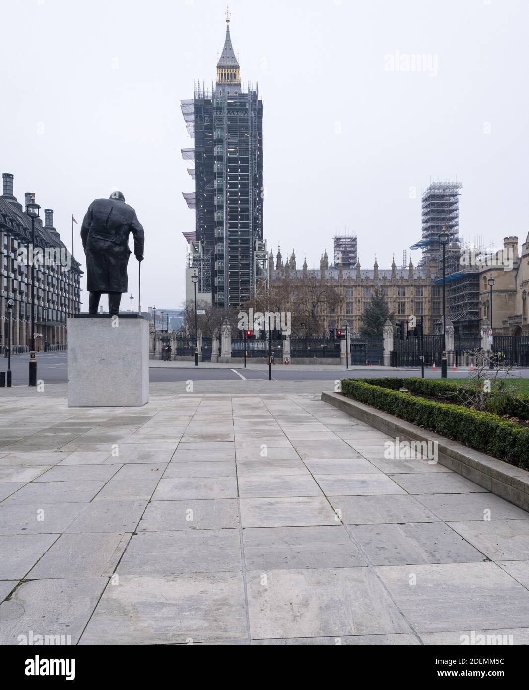 GREAT BRITAIN / England / London / Parliament square churchill statue and Big Ben . Stock Photo