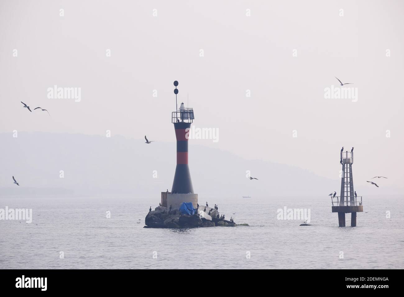 A marine rocky warning light and seabirds in a foggy day. This little lighthouse is close to coast at Istanbul, Kartal. Stock Photo