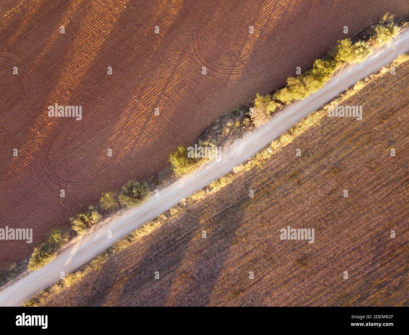 Aerial drone view of countryside fields in Catalonia, Spain. Food production concept and empty copy space for Editor's text. Stock Photo