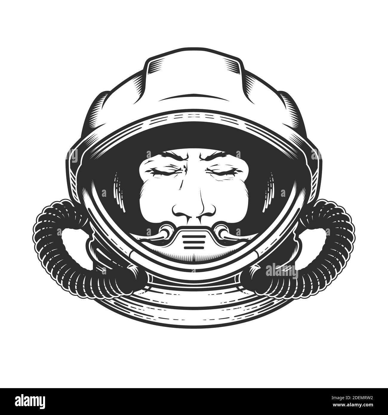 Face of astronaut in space helmet, portrait of spaceman in spacesuit with closed eyes, dreaming cosmonaut, spaceship pilot, vector Stock Vector