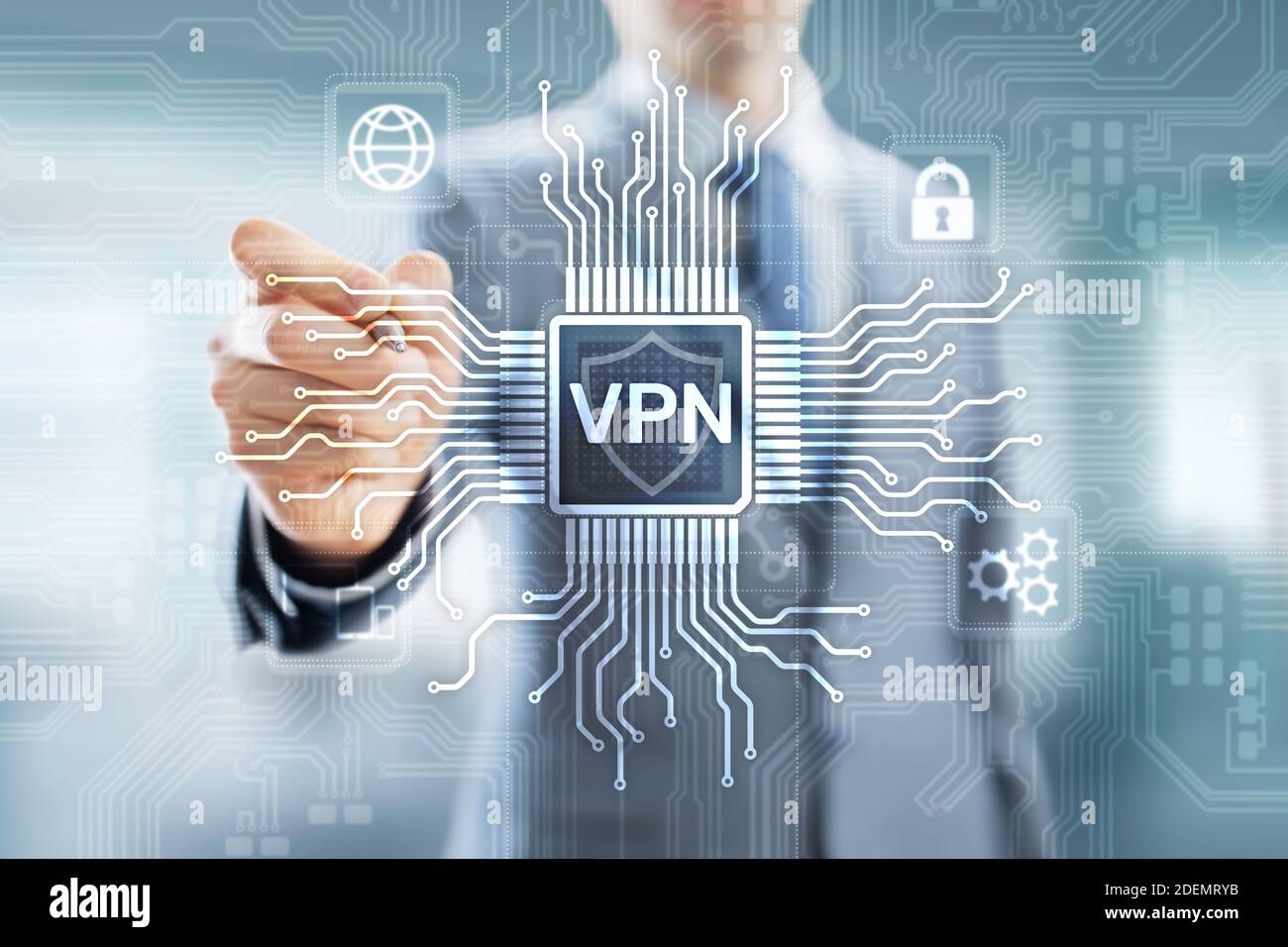 VPN virtual private network internet access security ssl proxy anonymizer technology concept button on virtual screen Stock Photo