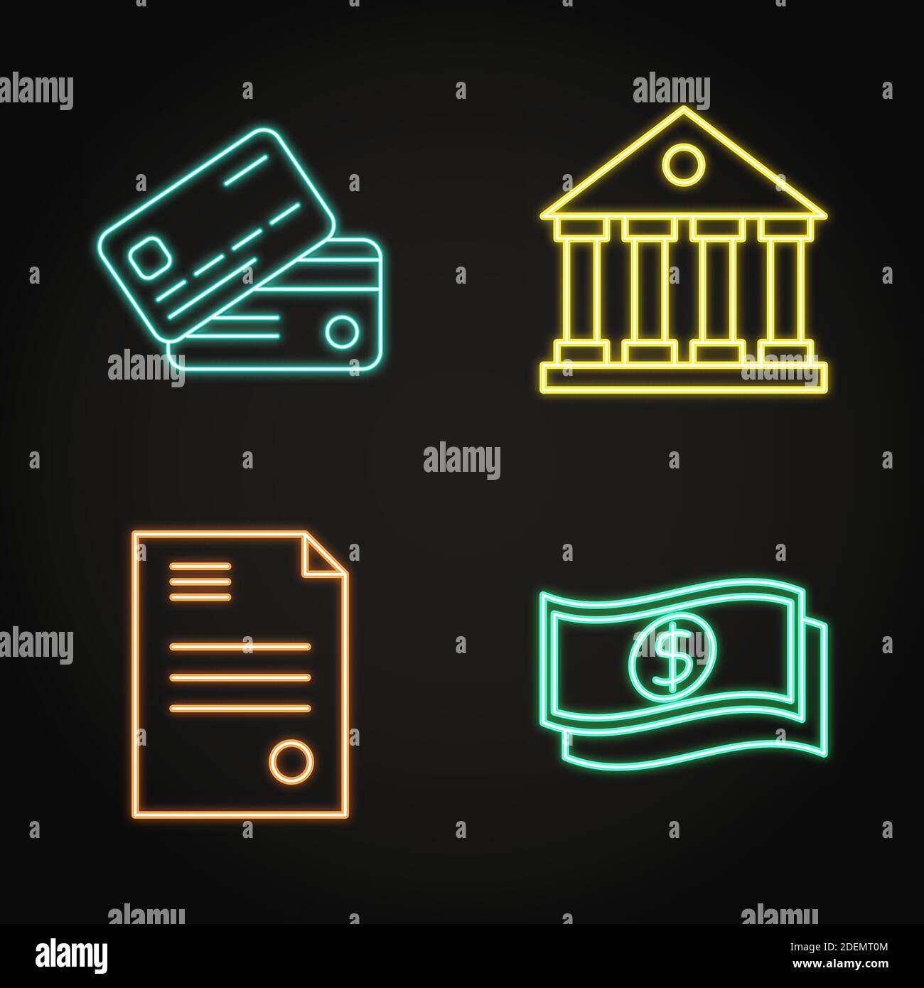 Banking icon set in neon line style. Bank building, banknotes and cards ...