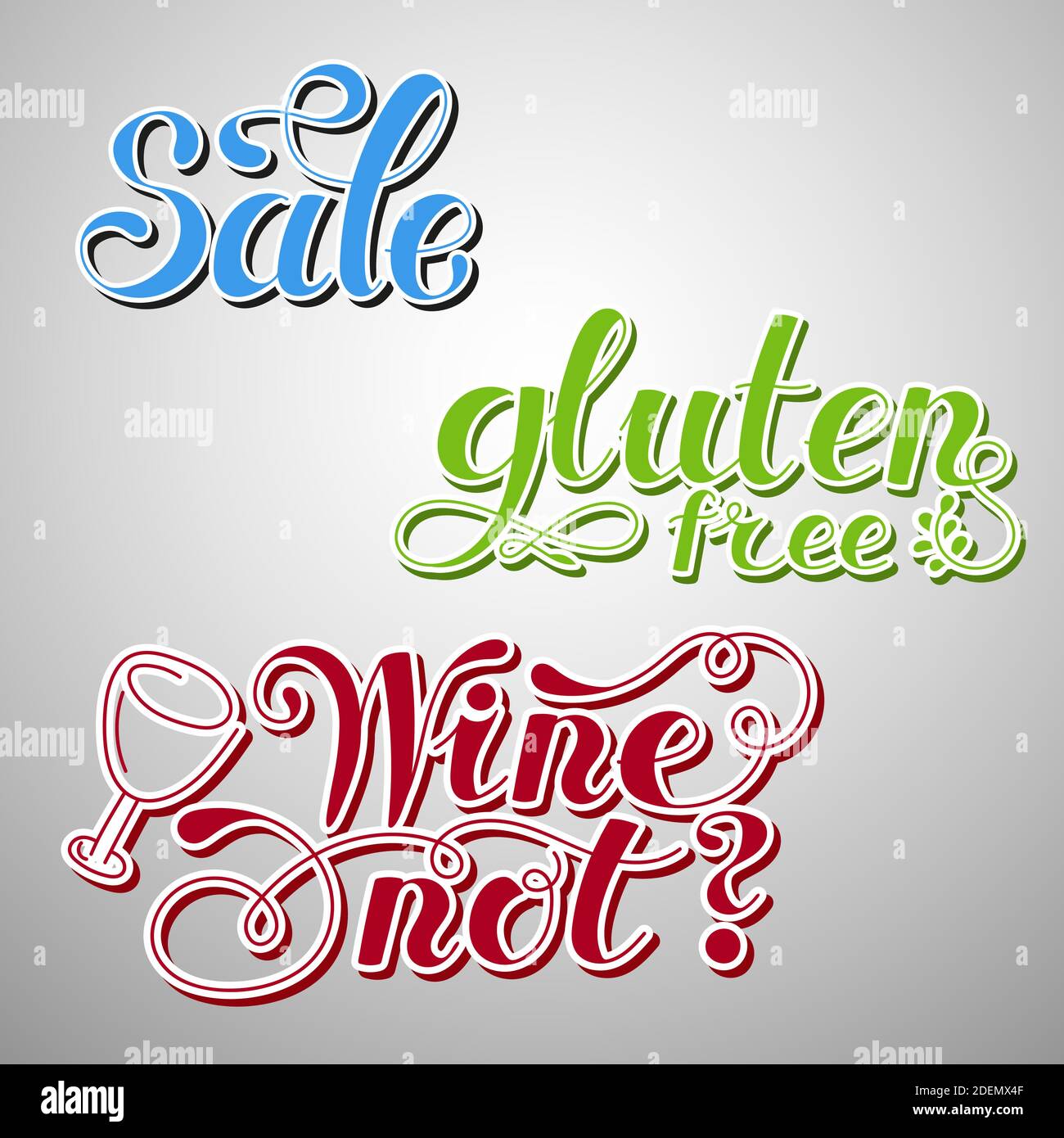 Set Lettering words. Gluten free, sale, wine not. Hand drawn. Vector