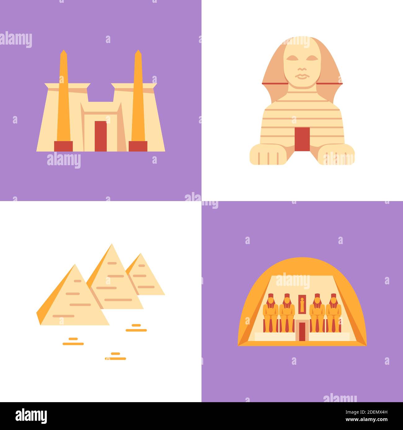 Egyptian historical monuments icon set in flat style. Great famous architecture symbols of Egypt - pyramids, Karnak temple, Abu Simbel and Sphinx. Vec Stock Vector