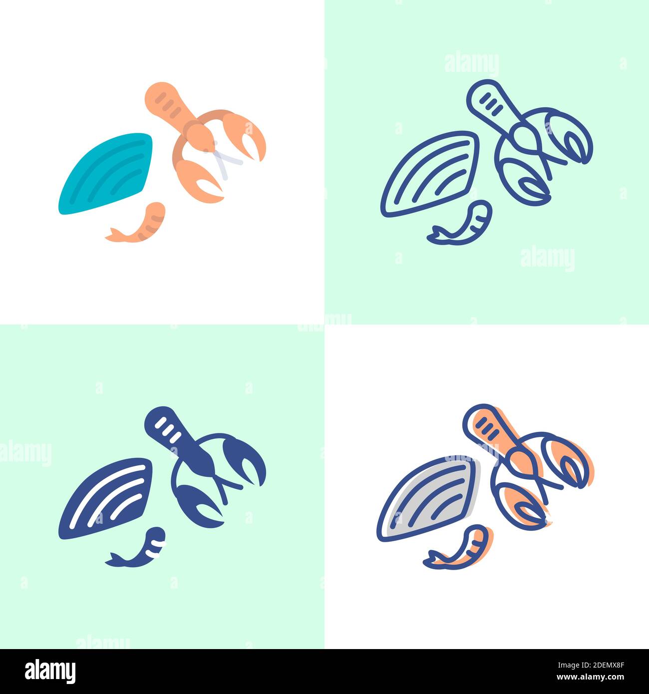 Shellfish icon set in flat and line style. Seafood symbols - shell, crayfish and shrimp. Vector illustration. Stock Vector