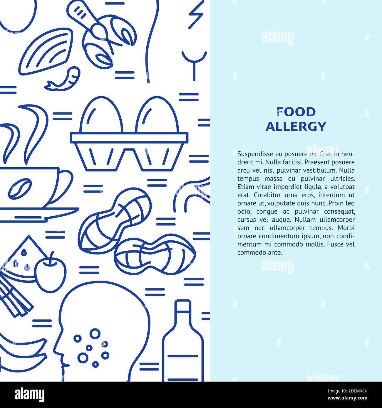 Food allergy banner template in line style with place for text. Background with allergy symptoms and products symbols. Vector illustration. Stock Vector
