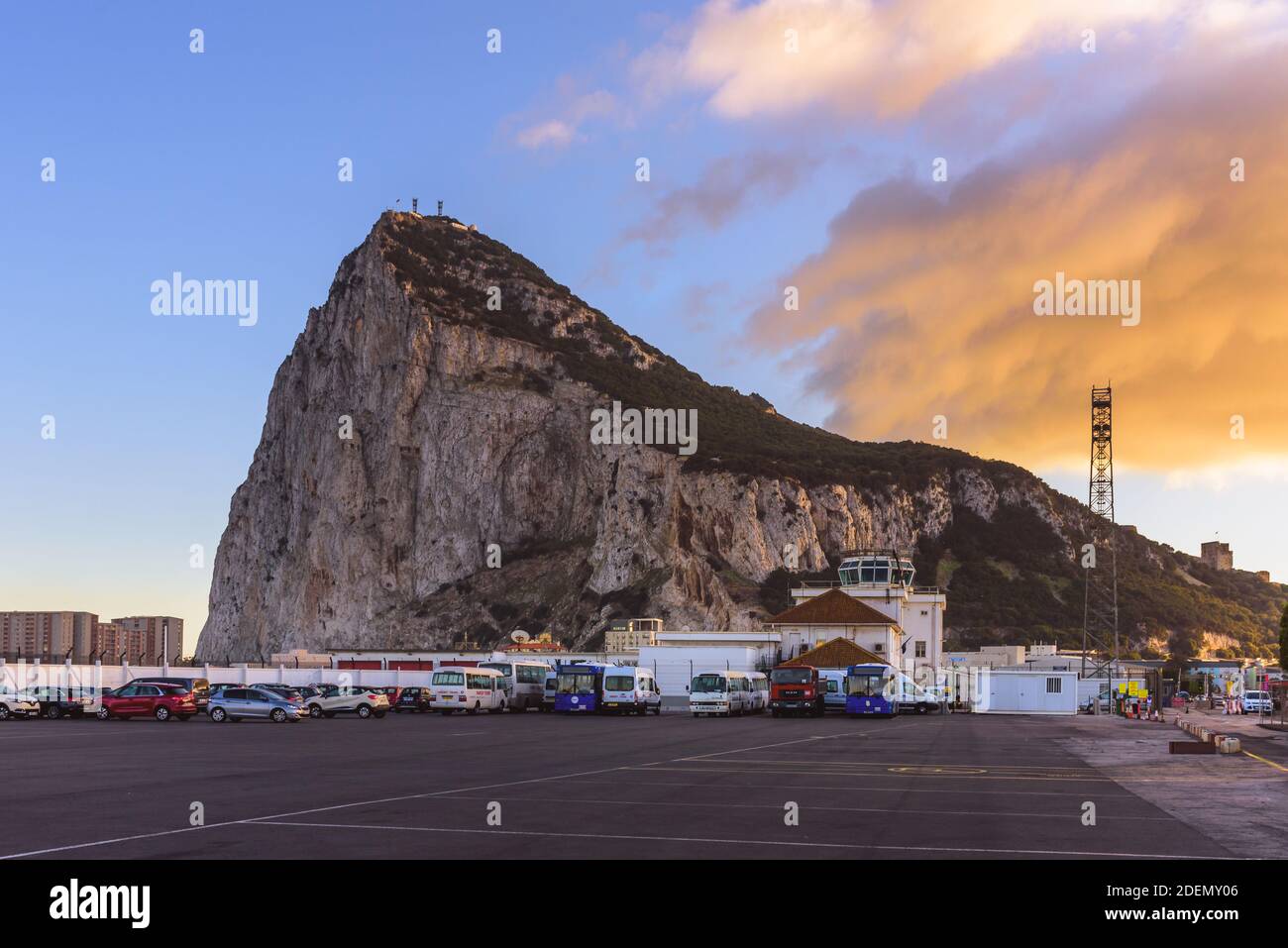The rock of Gibraltar seen from the border Stock Photo