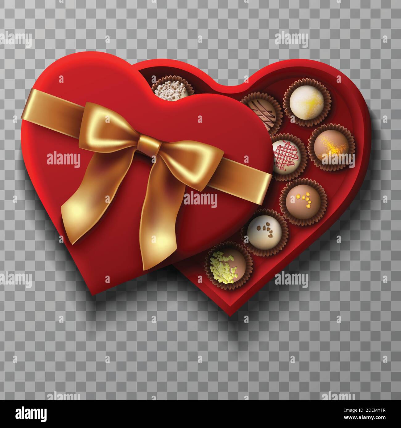 3d realistic vector red velvet candy open box with golden bow in heart shape with collection of different chocolate candies in dark and white chocolat Stock Vector