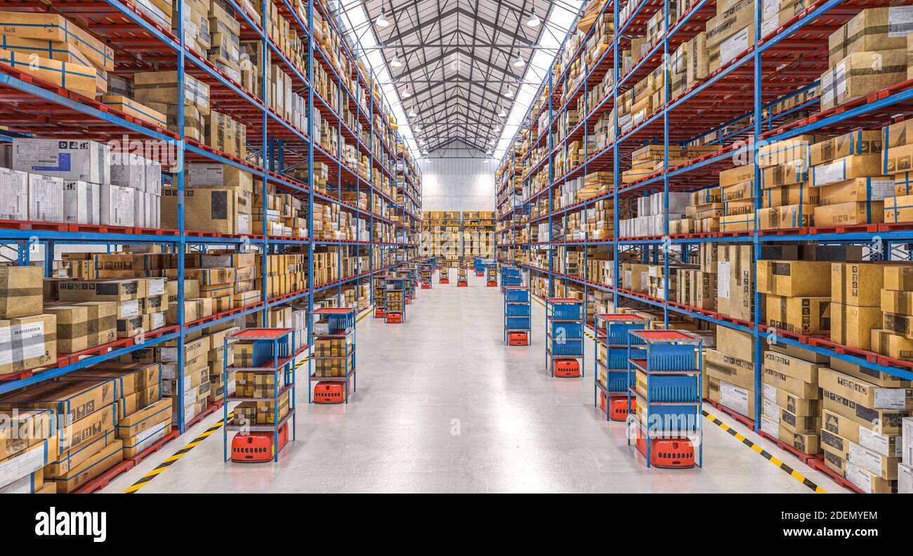 modern warehouse with automated goods movement system. 3d render. Stock Photo