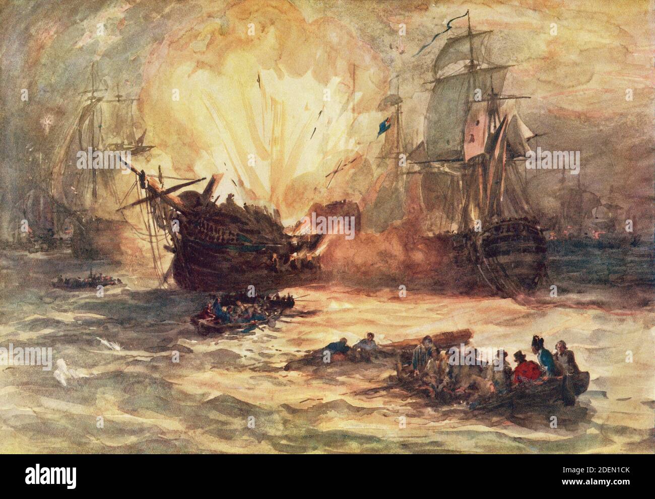 The Battle of the Nile aka the Battle of Aboukir Bay, 1798.  Early in the fight the largest French ship L'Orient caught fire, and the flames spreading to her powder magazine, the ship blew up.  From British History in Periods, published 1904. Stock Photo