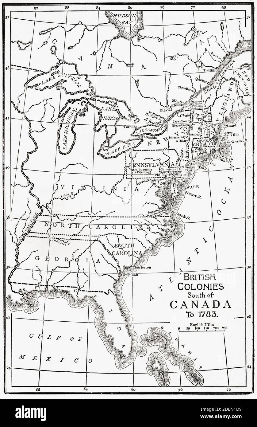 Map of the British Colonies south of Canada up to 1783. From British History in Periods, published 1904. Stock Photo