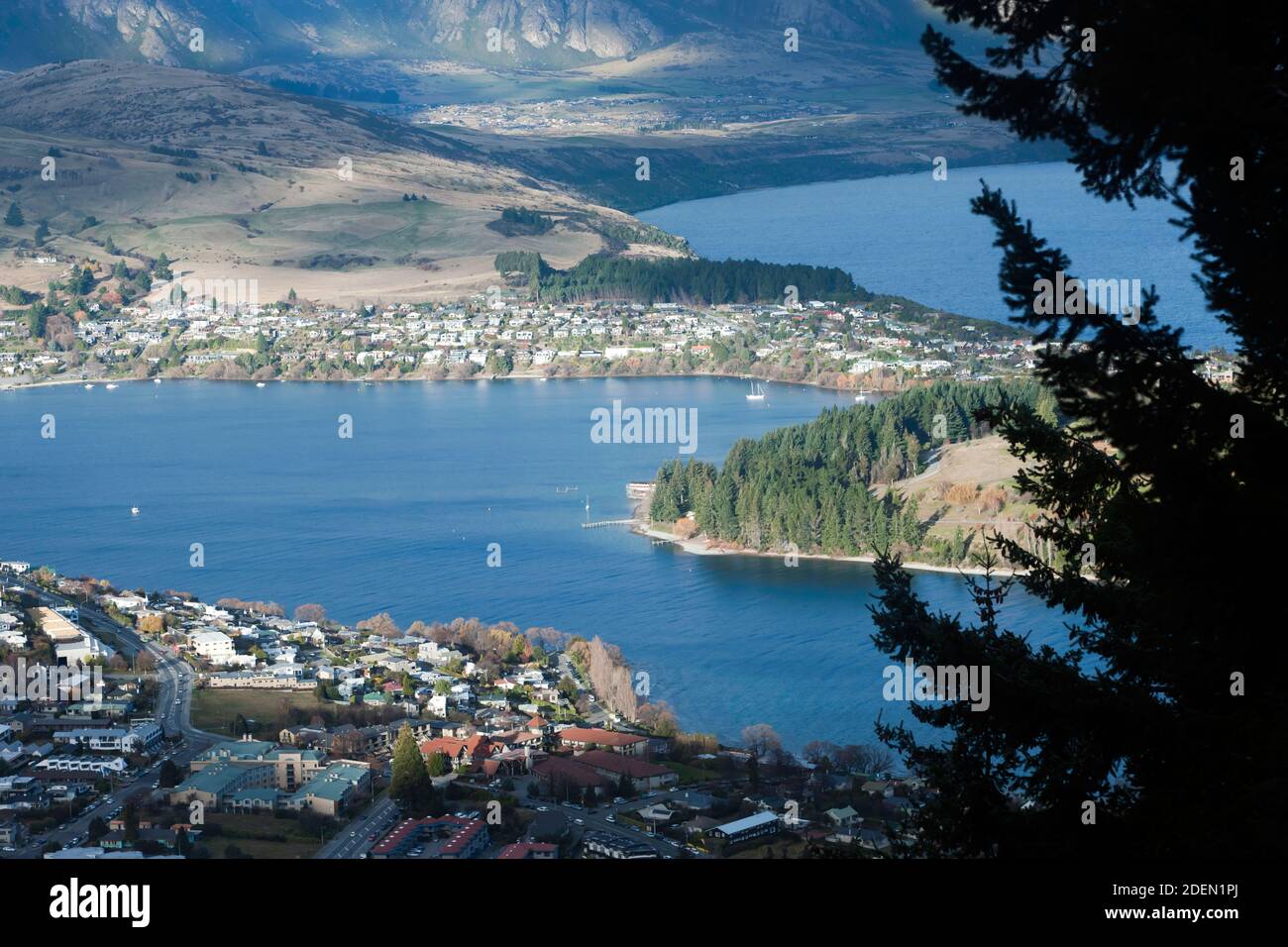 Evening view of Queenstown and Lake Wakatipu, from the Skyline Gondola, Ben Lomond Stock Photo