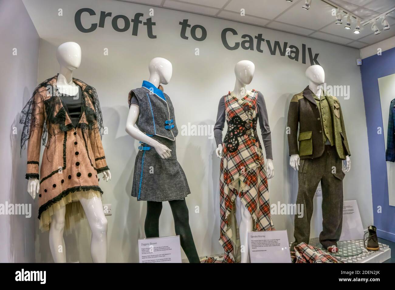 Exhibition of fashionable designer clothing made with Harris tweed. Stock Photo
