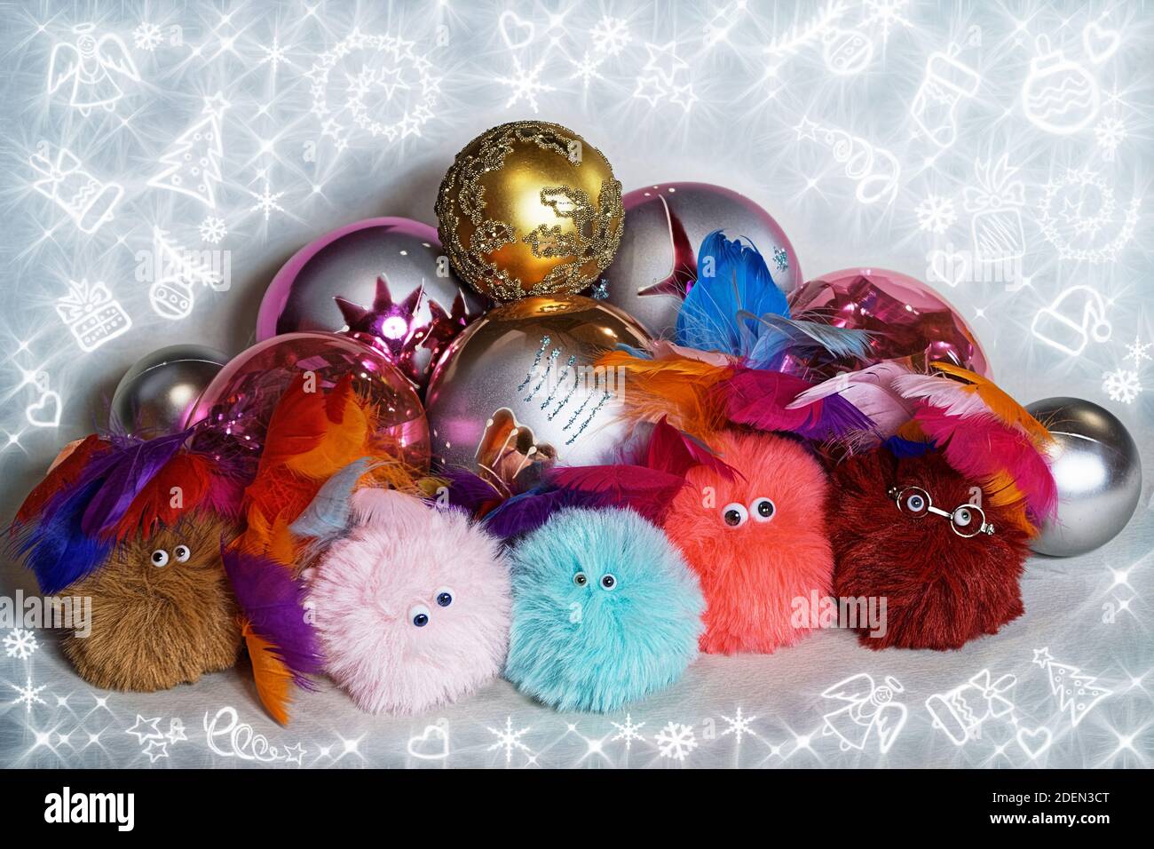 Photo furry friends, furry, fluffy, shaggy,Christmas,Christmas toys, Christmas balls Stock Photo