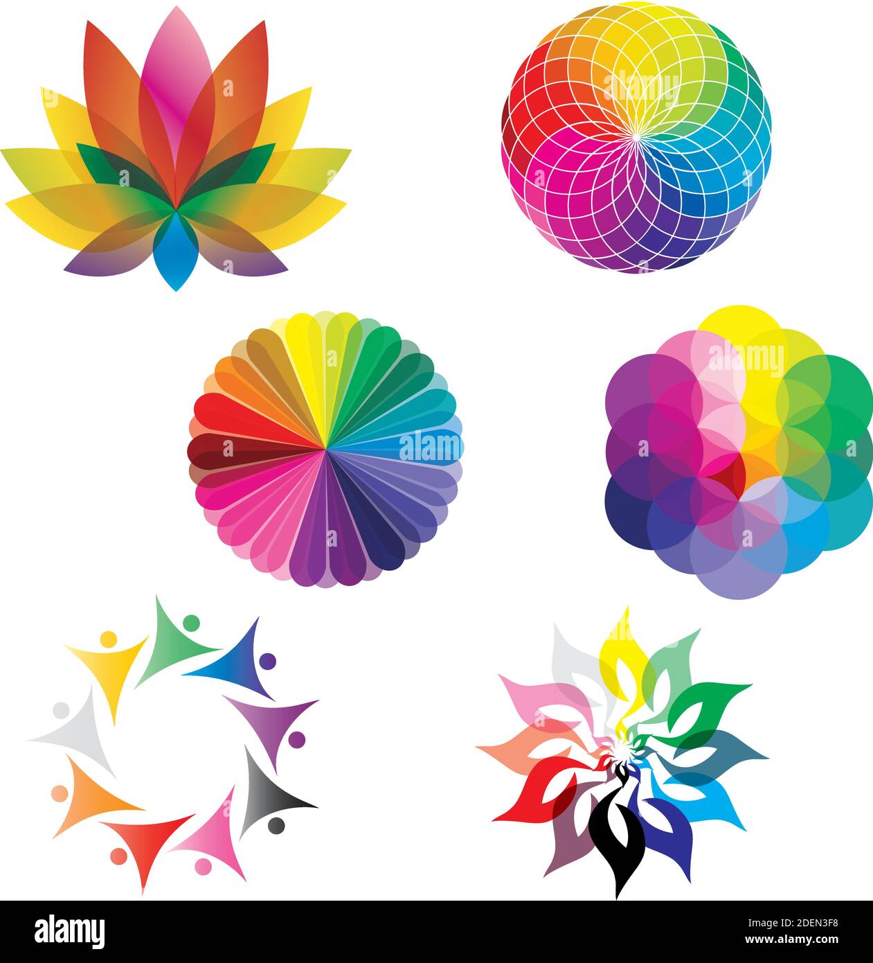 Set of Color Wheels Circles, Lotus Flower, Flower of Life in Rainbow
