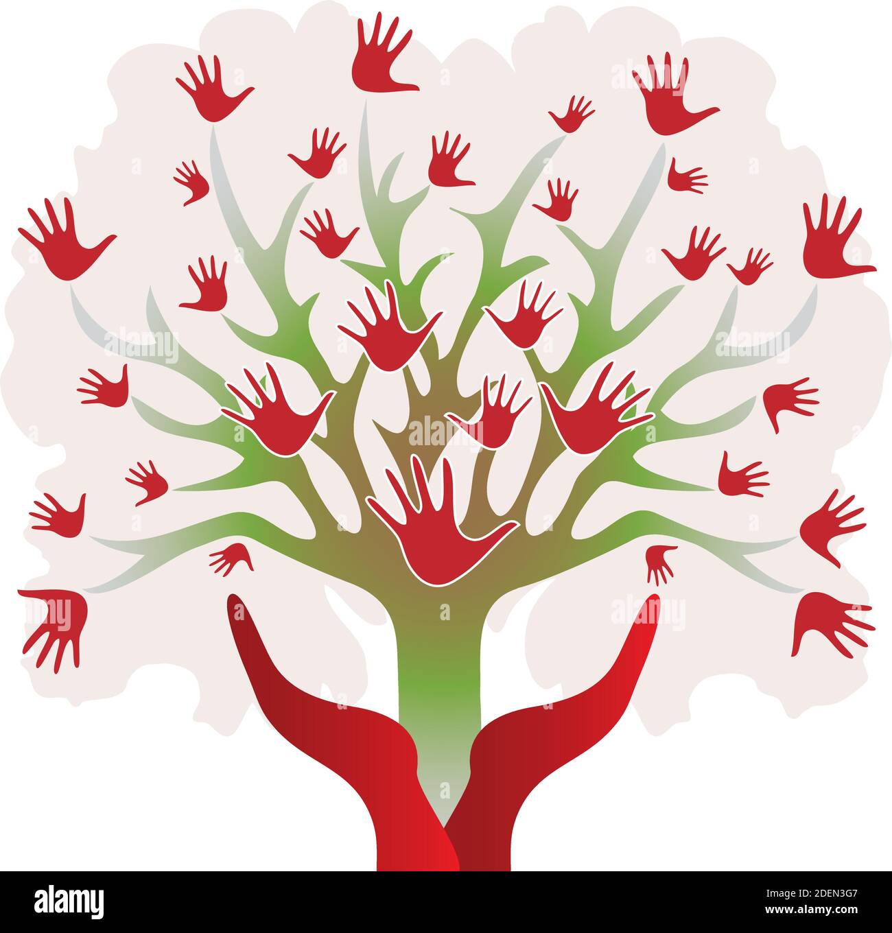 Tree with Hands in Green and Red Colors, Metaphor Solidarity Consciousness Compassion Community Stock Vector