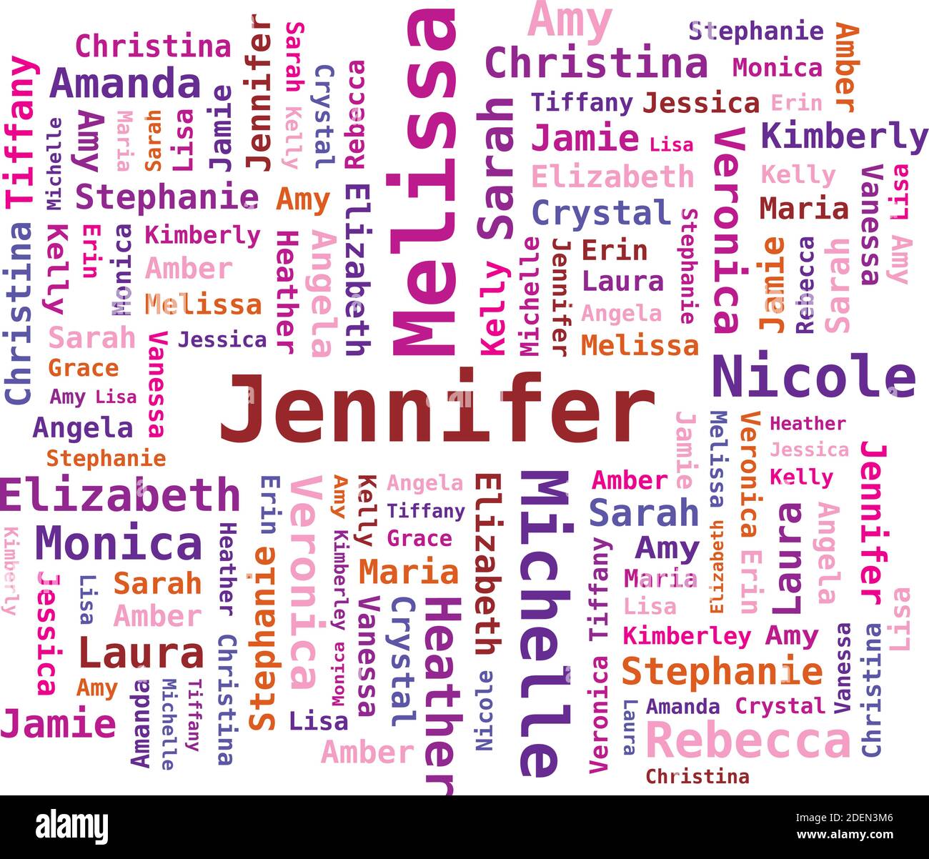 Word Cloud Women's Names - English in Pink and Purple Colors Stock Vector