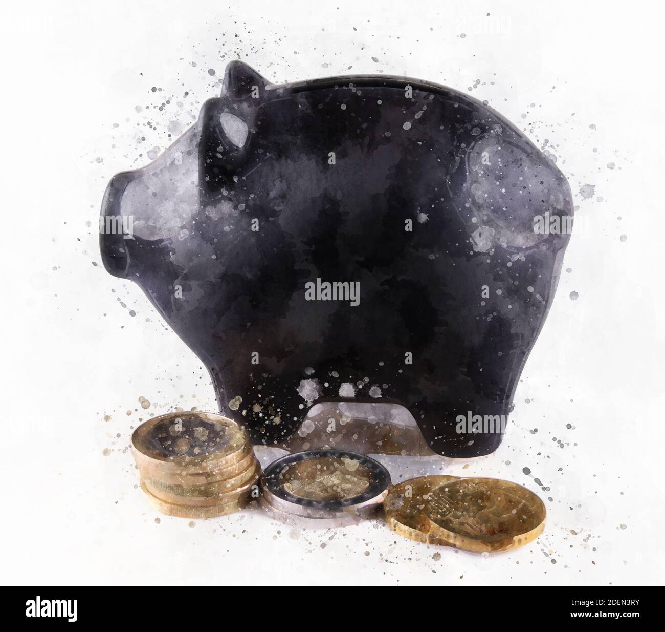 Black piggy bank with euro coins on white background Stock Photo